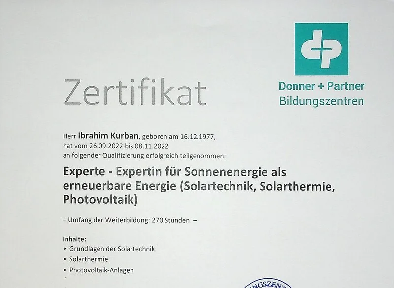 Zertifikat: Experte für Sonnenenergie als erneuerbare Energie