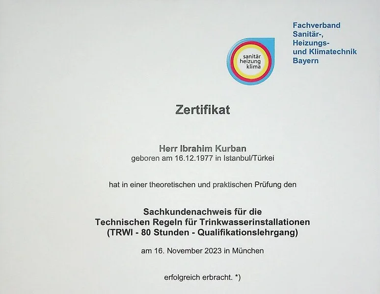 Zertifikat: Sachkundenachweis Trinkwasserinstallationen (TRWI)