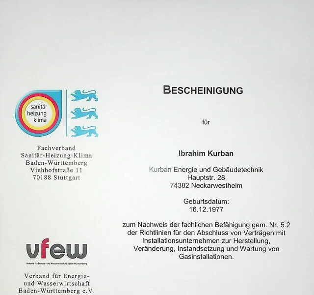 Zertifikat: Fachliche Befähigung für Gasinstallationen